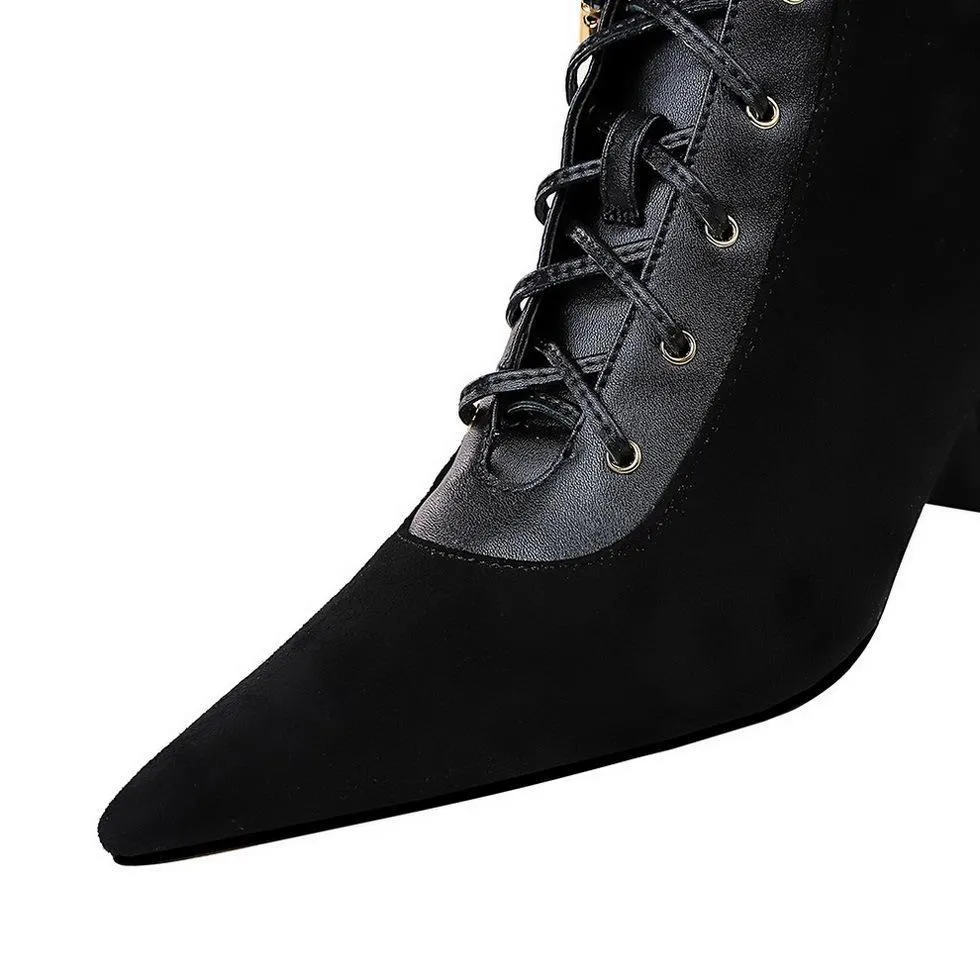 Chicvane Womens Suede Pointed Toe Chuncky Heel Criss Cross Strap Zipper Closure Ankle Boots