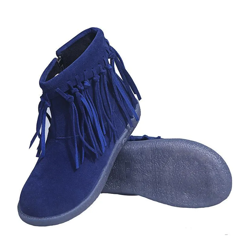 Chicvane Women's Tassels Flat Heel Ankle Boots With Side Zipper