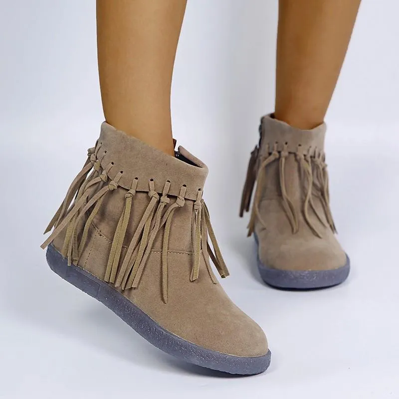 Chicvane Women's Tassels Flat Heel Ankle Boots With Side Zipper