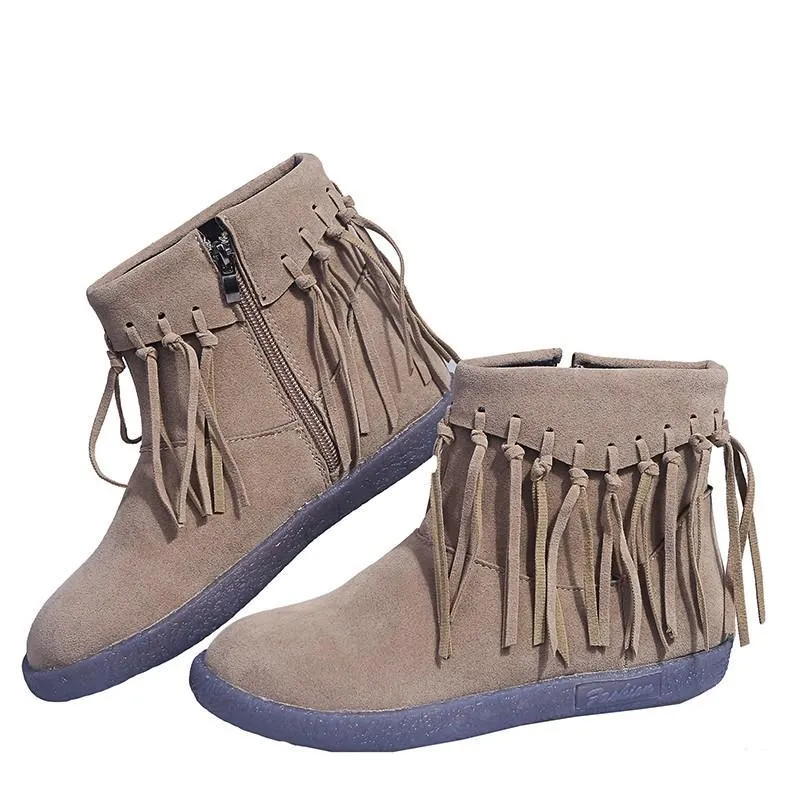 Chicvane Women's Tassels Flat Heel Ankle Boots With Side Zipper