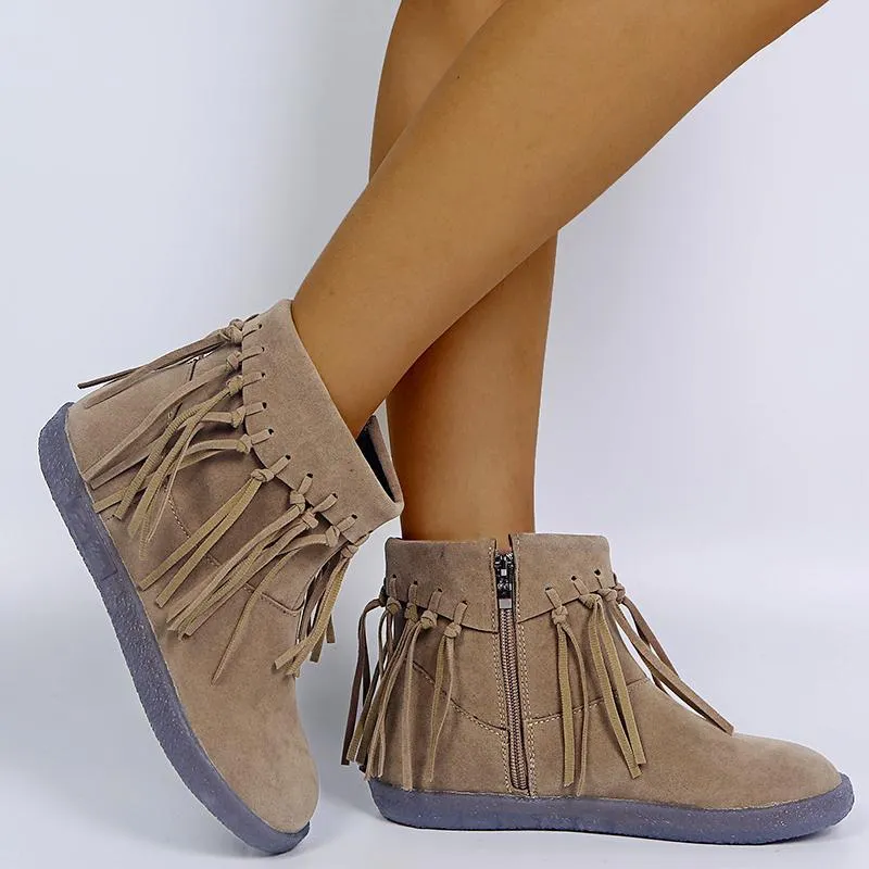 Chicvane Women's Tassels Flat Heel Ankle Boots With Side Zipper
