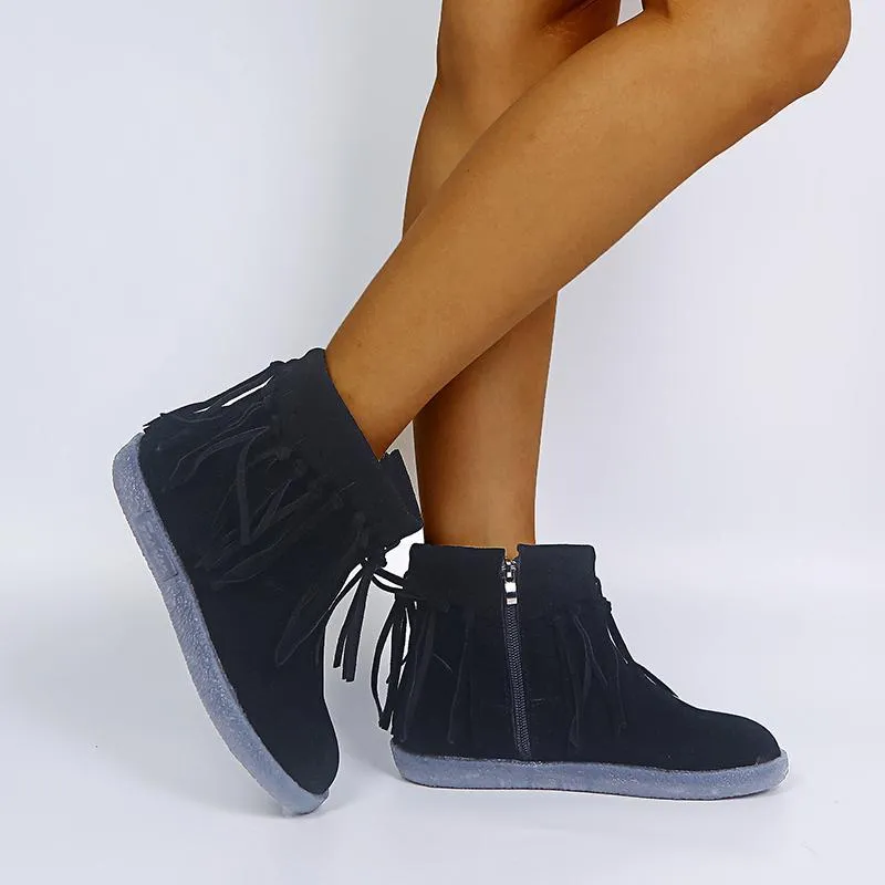 Chicvane Women's Tassels Flat Heel Ankle Boots With Side Zipper