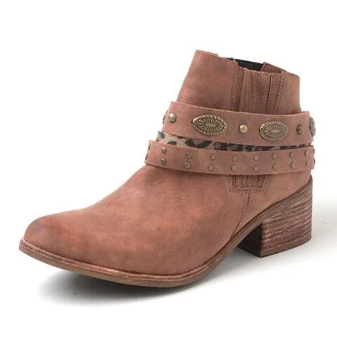 Chicvane Womens Vilet Belt Buckle Round Toe Chunky Heel Slip-On Ankle Boots