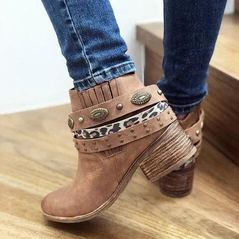 Chicvane Womens Vilet Belt Buckle Round Toe Chunky Heel Slip-On Ankle Boots