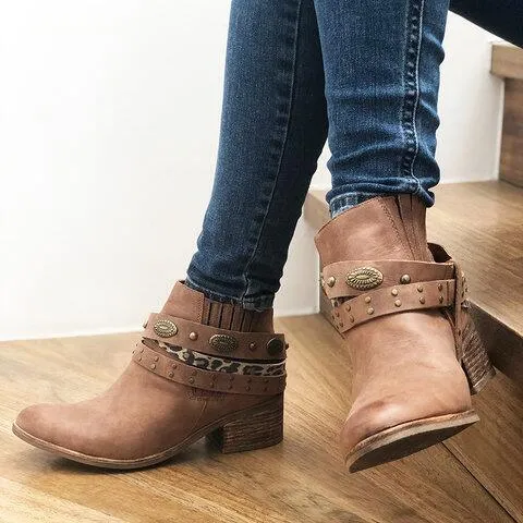 Chicvane Womens Vilet Belt Buckle Round Toe Chunky Heel Slip-On Ankle Boots