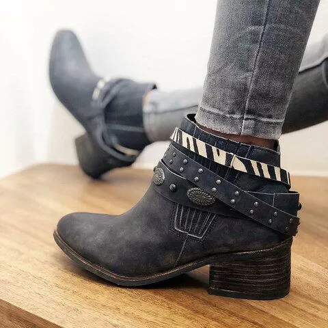 Chicvane Womens Vilet Belt Buckle Round Toe Chunky Heel Slip-On Ankle Boots