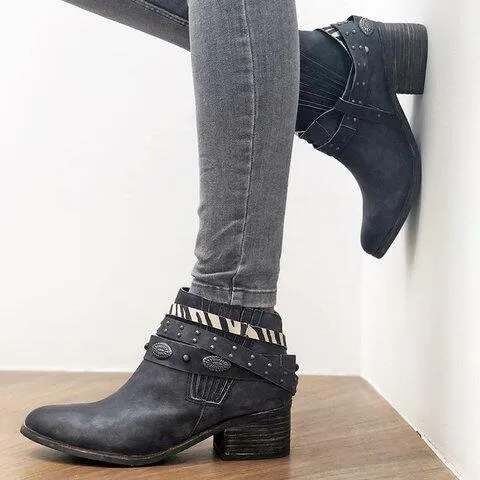 Chicvane Womens Vilet Belt Buckle Round Toe Chunky Heel Slip-On Ankle Boots