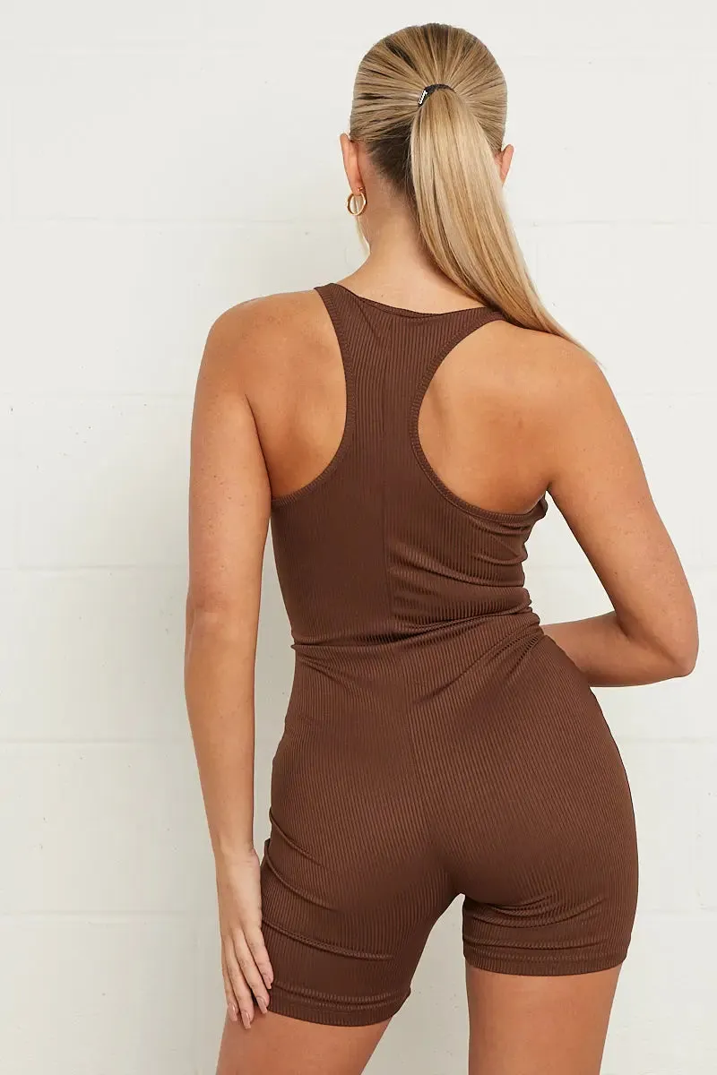 Chocolate Ribbed Body Sculpting Unitard- Tawny