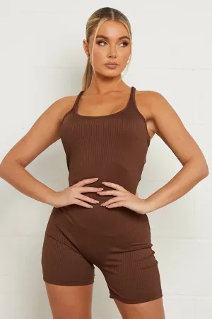 Chocolate Ribbed Body Sculpting Unitard- Tawny