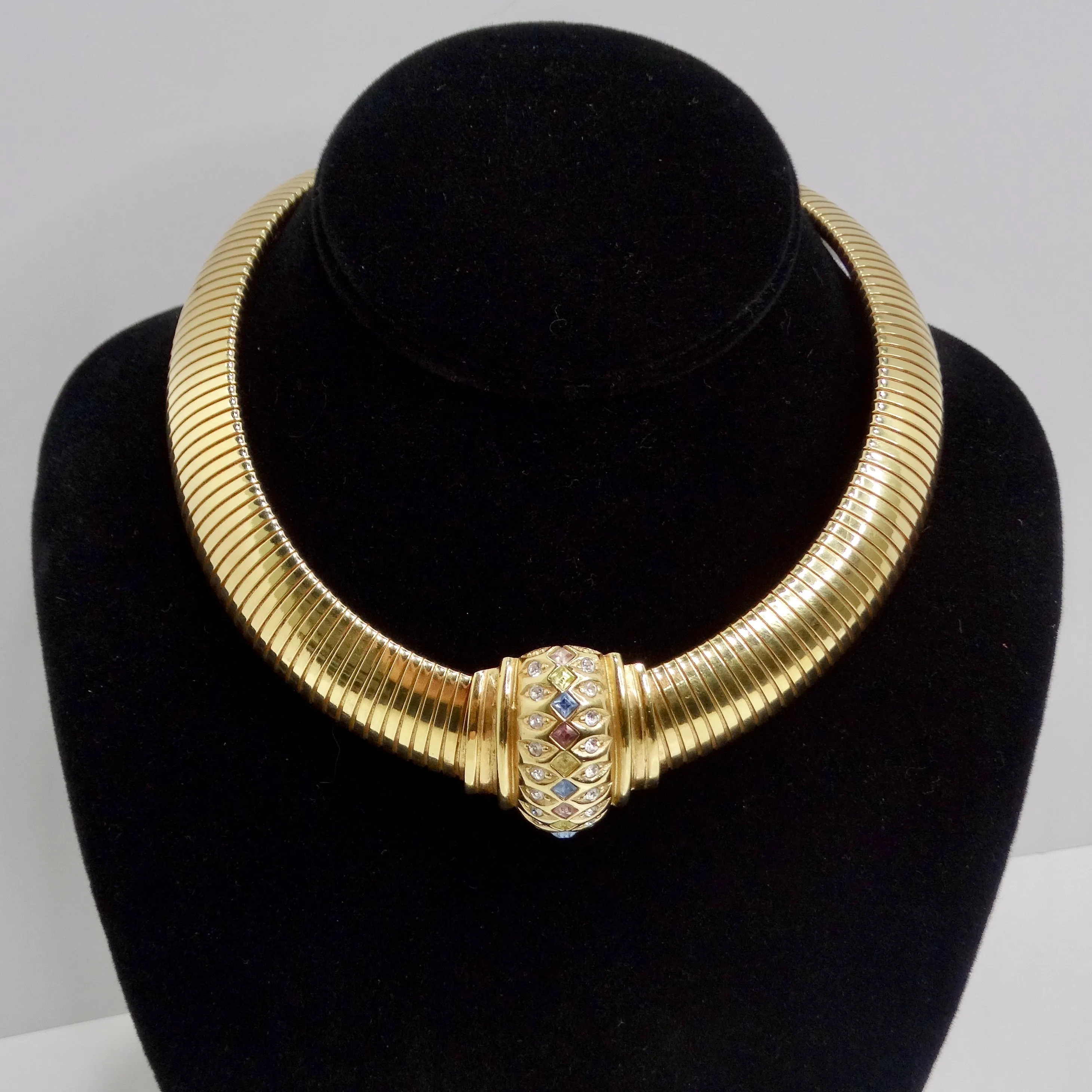 Christian Dior 1980s Gold Tone Omega Rhinestone Choker
