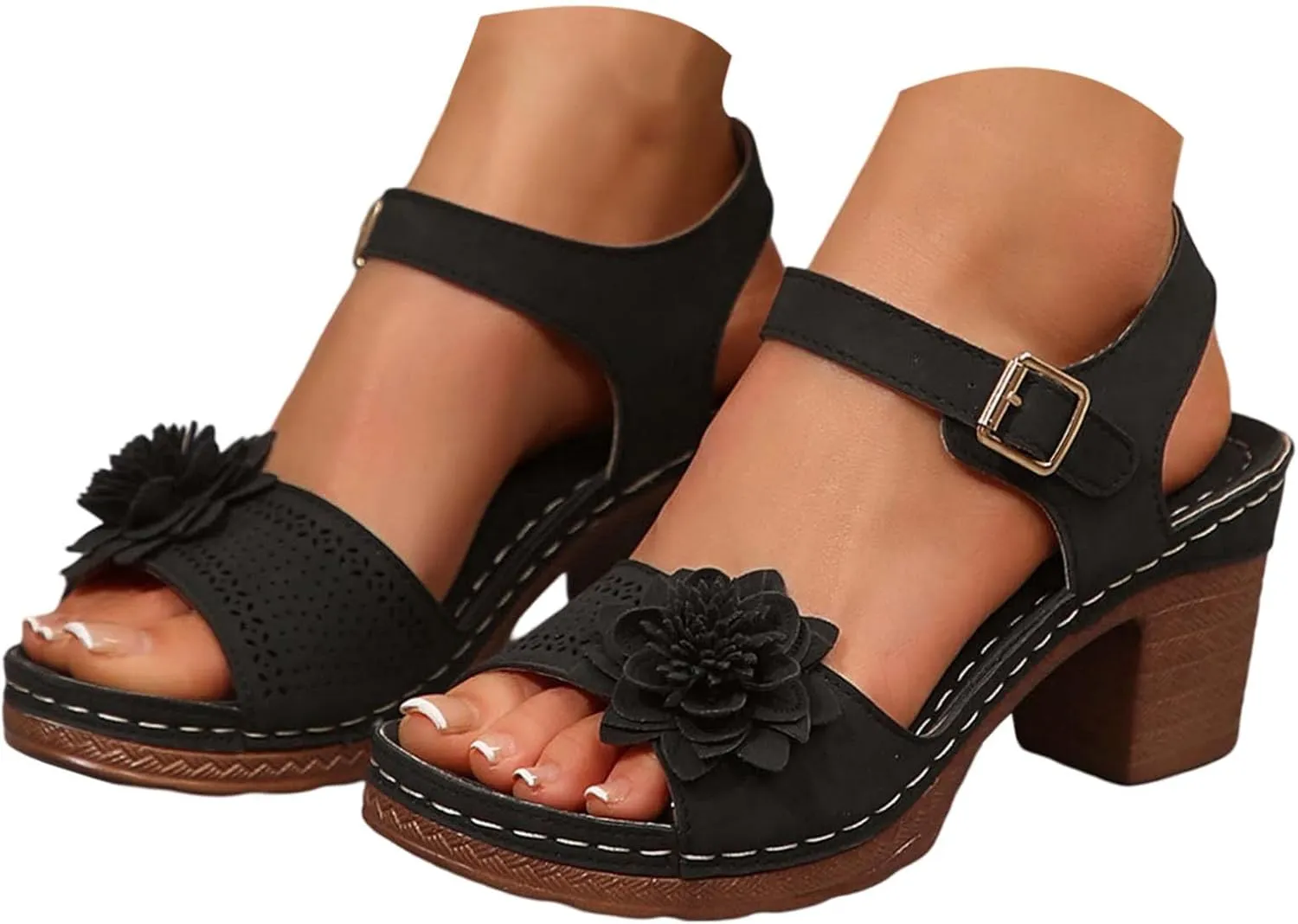 Chunky Block Heel Sandals For Women Open Toe Platform Shoes With Buckle Strap Bohemian Flower Party Casual Heels Roman Sandal