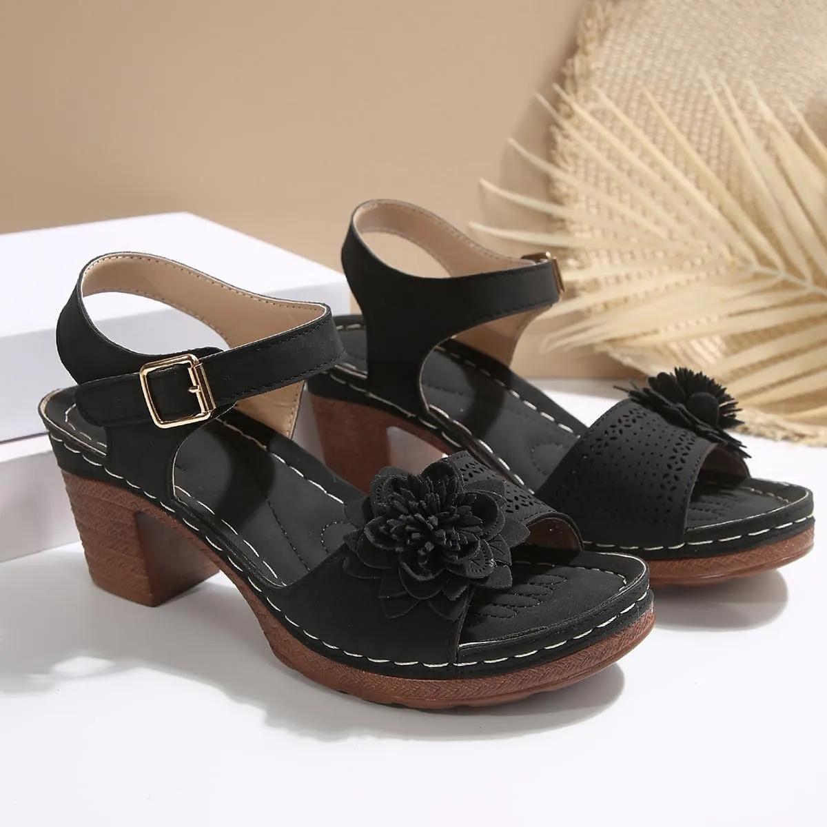 Chunky Block Heel Sandals For Women Open Toe Platform Shoes With Buckle Strap Bohemian Flower Party Casual Heels Roman Sandal