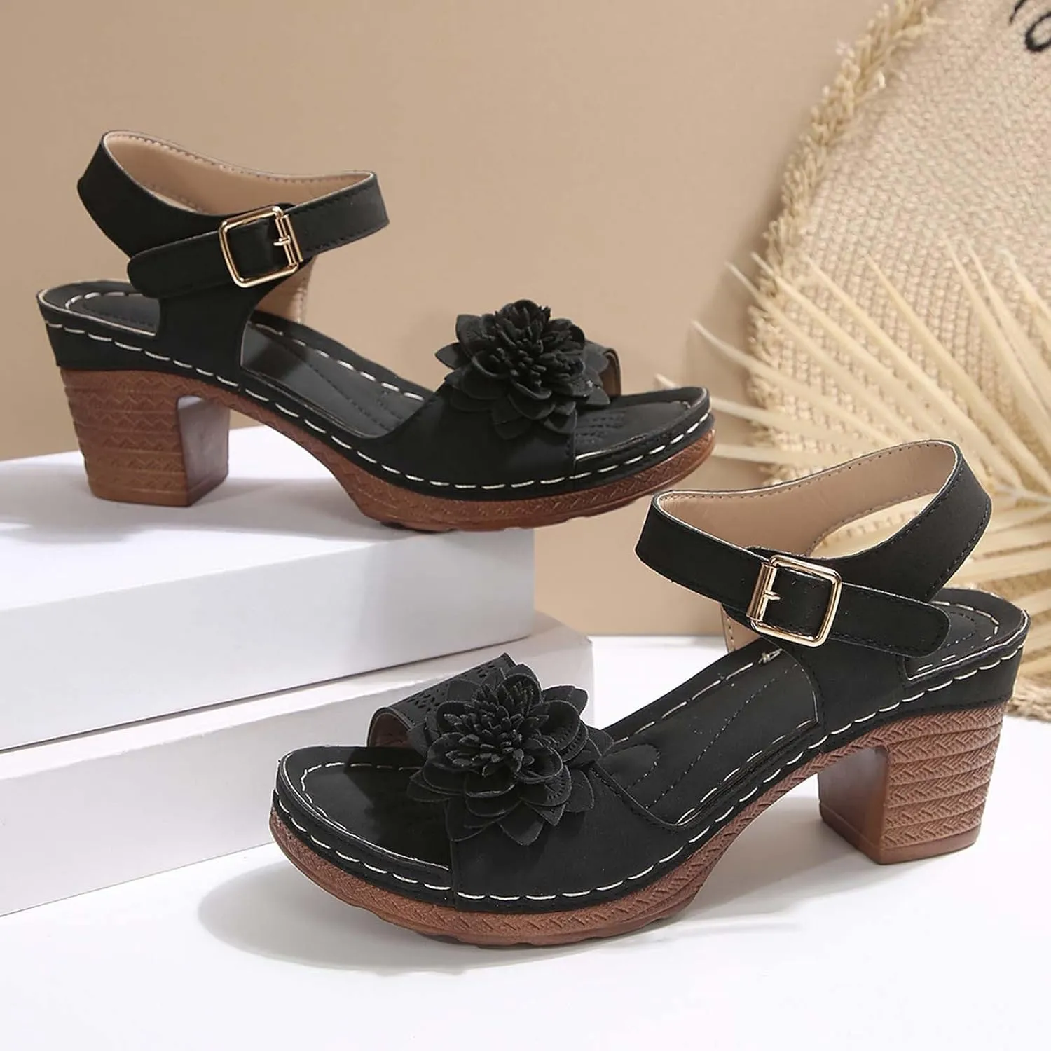 Chunky Block Heel Sandals For Women Open Toe Platform Shoes With Buckle Strap Bohemian Flower Party Casual Heels Roman Sandal