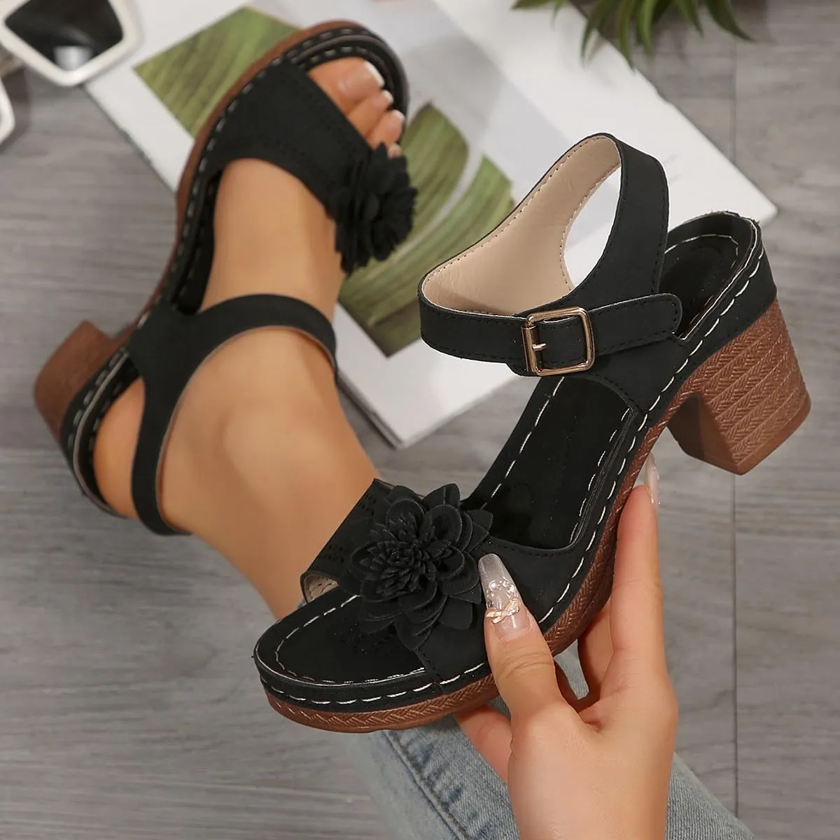 Chunky Block Heel Sandals For Women Open Toe Platform Shoes With Buckle Strap Bohemian Flower Party Casual Heels Roman Sandal