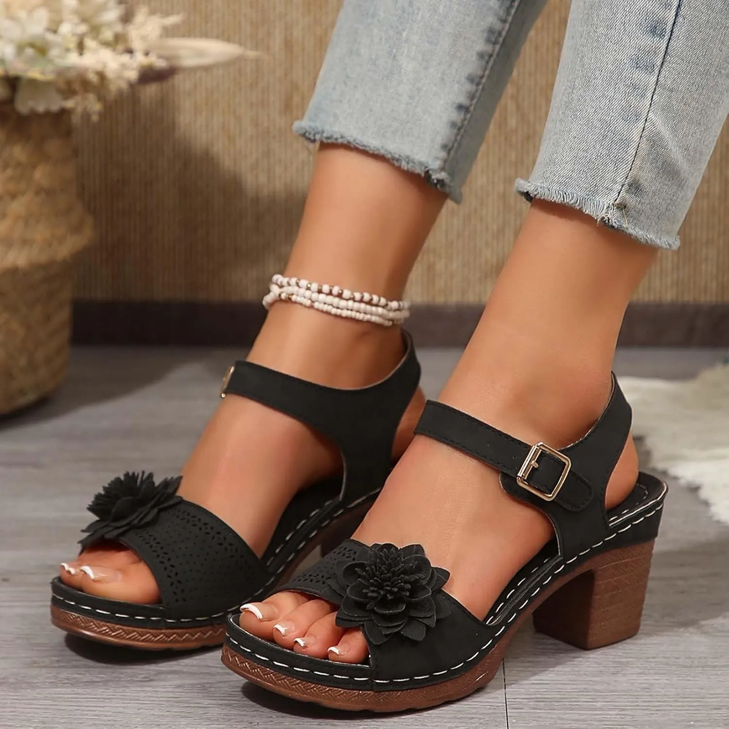 Chunky Block Heel Sandals For Women Open Toe Platform Shoes With Buckle Strap Bohemian Flower Party Casual Heels Roman Sandal