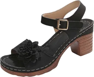 Chunky Block Heel Sandals For Women Open Toe Platform Shoes With Buckle Strap Bohemian Flower Party Casual Heels Roman Sandal
