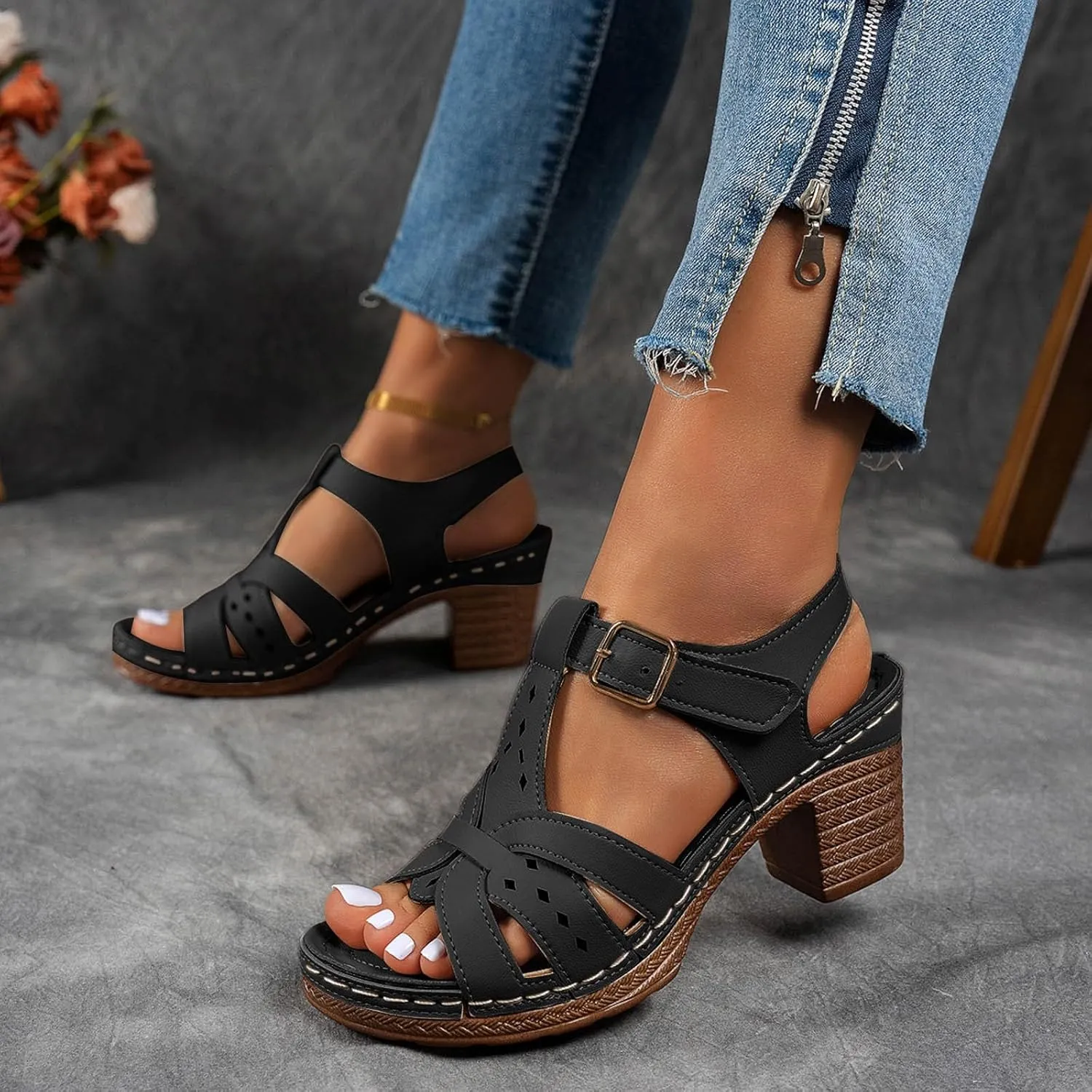 Chunky Heel Fish Mouth Women's Shoes Fashionable Casual Hollow Solid Color Retro Outdoor Classic Sandals Wedding Sandals