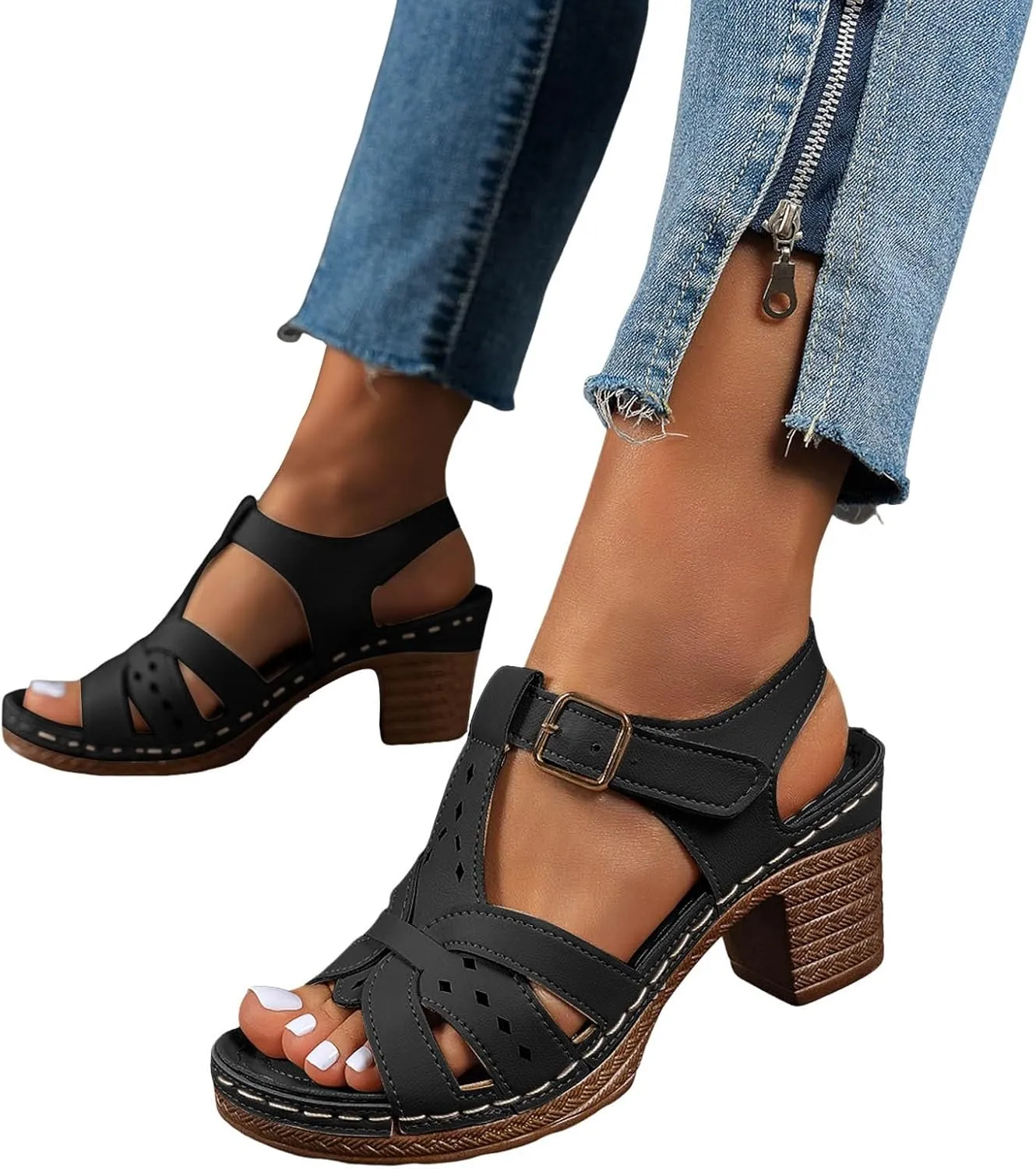Chunky Heel Fish Mouth Women's Shoes Fashionable Casual Hollow Solid Color Retro Outdoor Classic Sandals Wedding Sandals