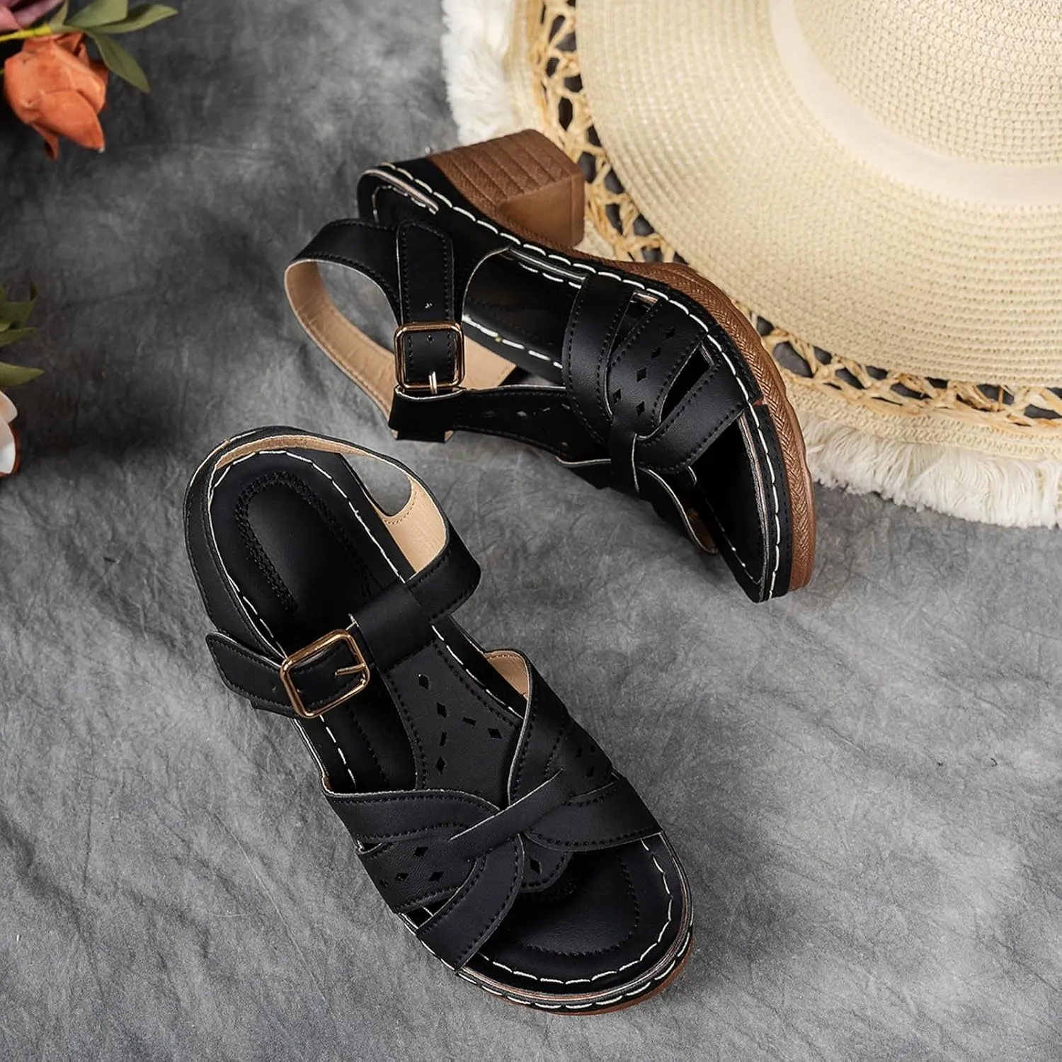 Chunky Heel Fish Mouth Women's Shoes Fashionable Casual Hollow Solid Color Retro Outdoor Classic Sandals Wedding Sandals