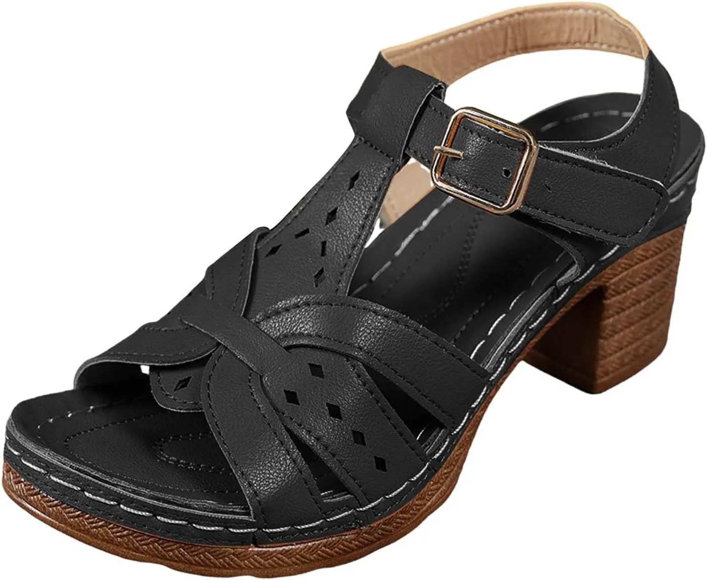 Chunky Heel Fish Mouth Women's Shoes Fashionable Casual Hollow Solid Color Retro Outdoor Classic Sandals Wedding Sandals