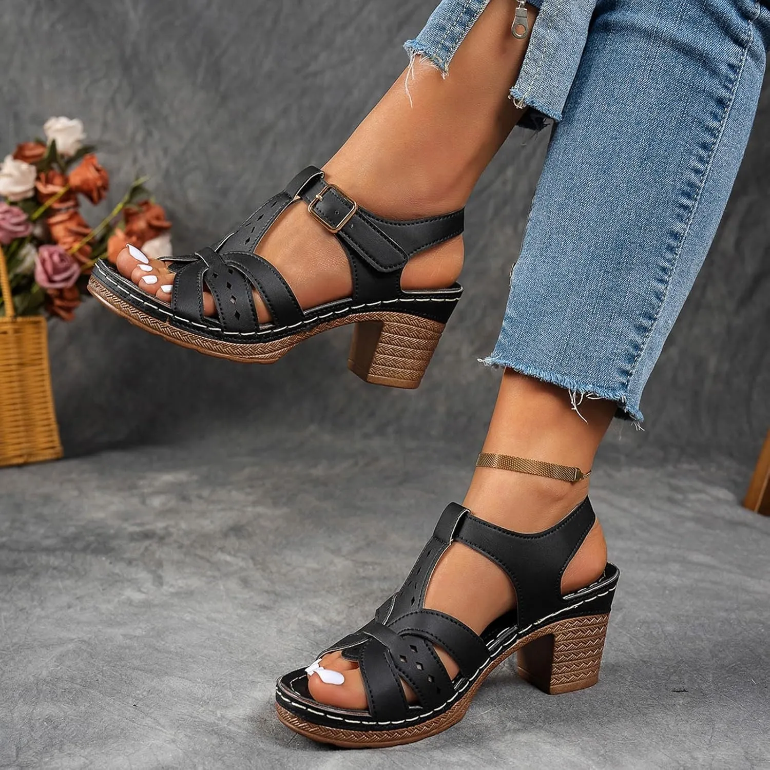 Chunky Heel Fish Mouth Women's Shoes Fashionable Casual Hollow Solid Color Retro Outdoor Classic Sandals Wedding Sandals