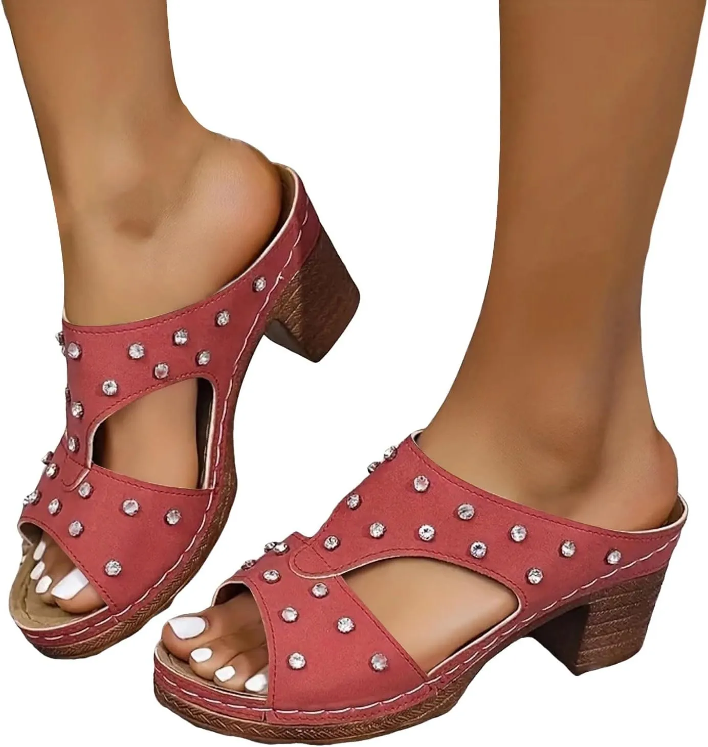 Chunky Heel Rhinestone Ladies Shoes Fashionable Casual Outdoor Beach Fish Mouth Flat Slippers for Women Sandals Fashion