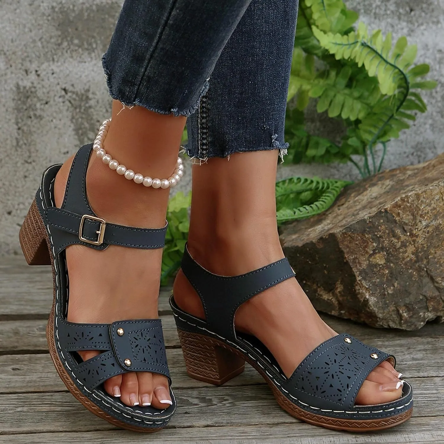 Chunky Heel Sandals for Women Ladies Wedge Block Sandal Dressy with Cross Ankle Strap Womens Low Heeled Casual Heels for Outdoor Open Toe Slingback Platform Heels