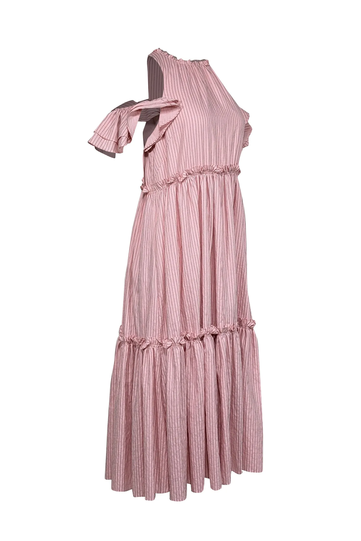 Cinq a Sept - Pink Ruffled Midi Dress w/ Contrast Striped Stitching Sz 6