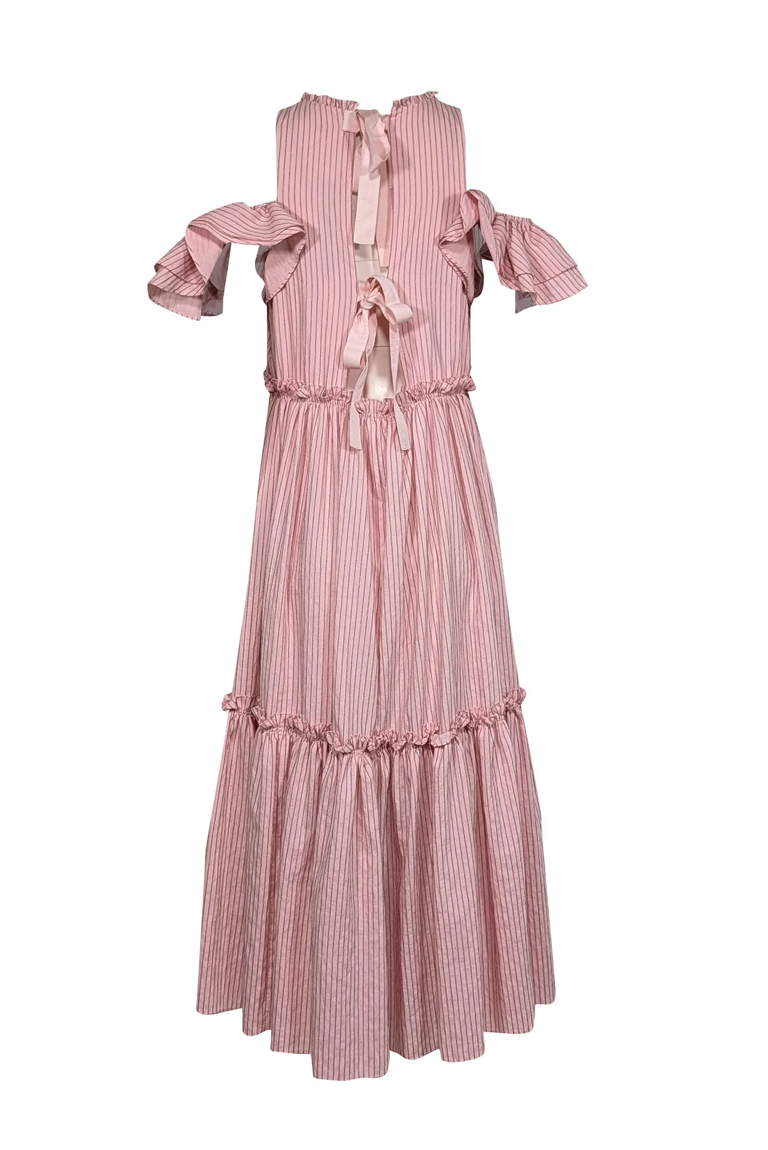 Cinq a Sept - Pink Ruffled Midi Dress w/ Contrast Striped Stitching Sz 6
