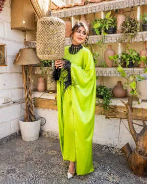 Cleopatra Dress - Green Pure Satin with Feathers & Necklace - Elegant Egyptian-Inspired Women's Fashion - One Size Fit