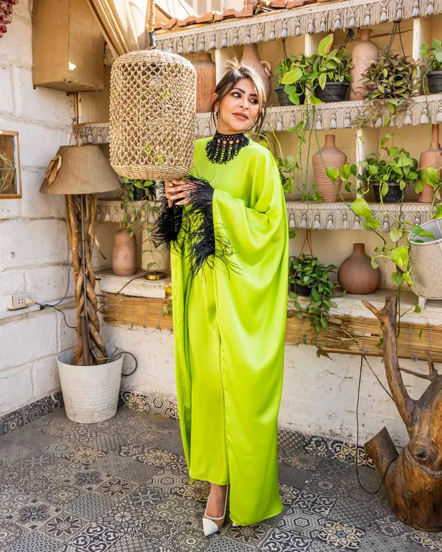 Cleopatra Dress - Green Pure Satin with Feathers & Necklace - Elegant Egyptian-Inspired Women's Fashion - One Size Fit