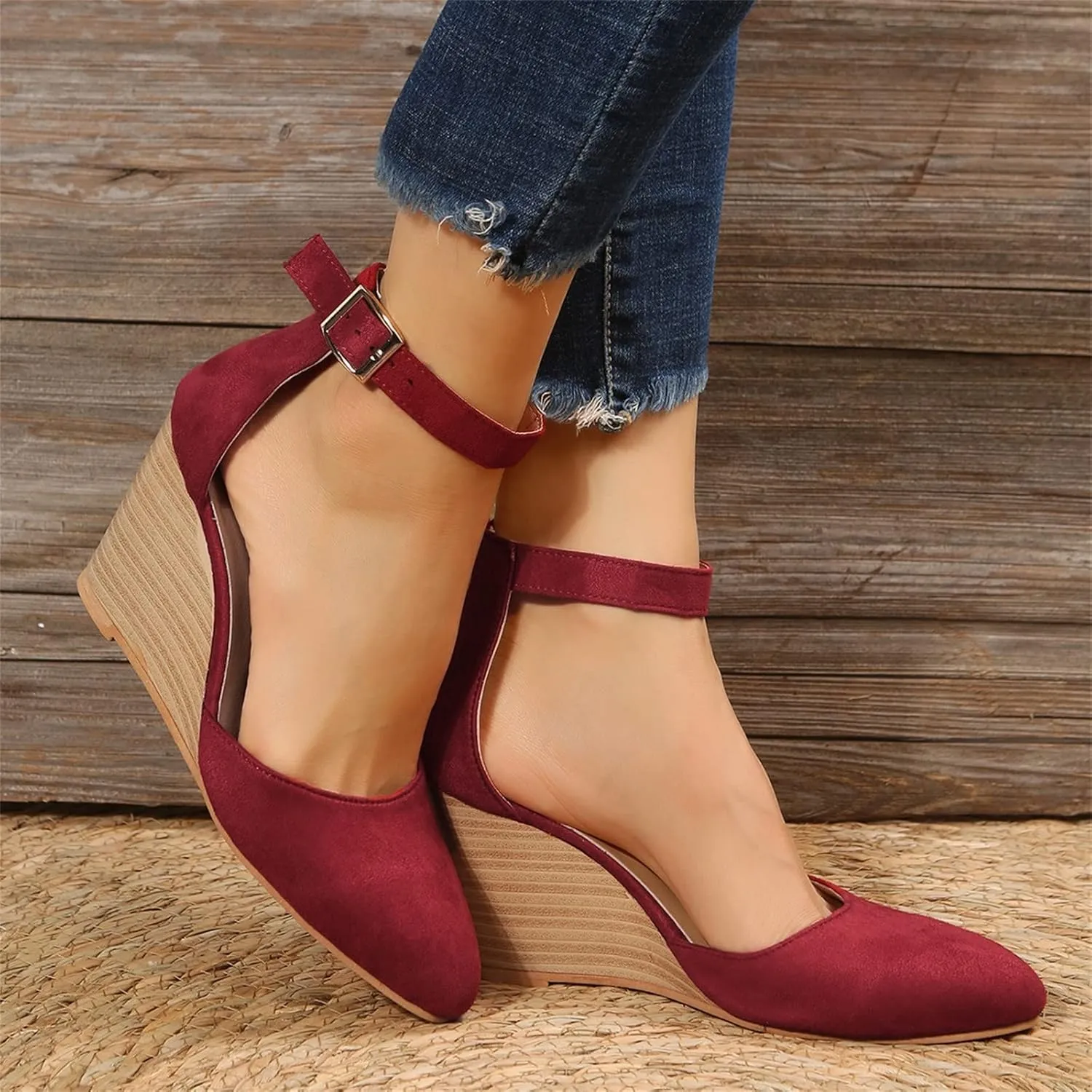 Closed Toe Wedges Heels for Women Dressy Platform Wedge Sandals Ankle Strap Heeled Espadrilles Sandals Ladies Comfortable Cork Summer Dress Shoes for Beach Wedding