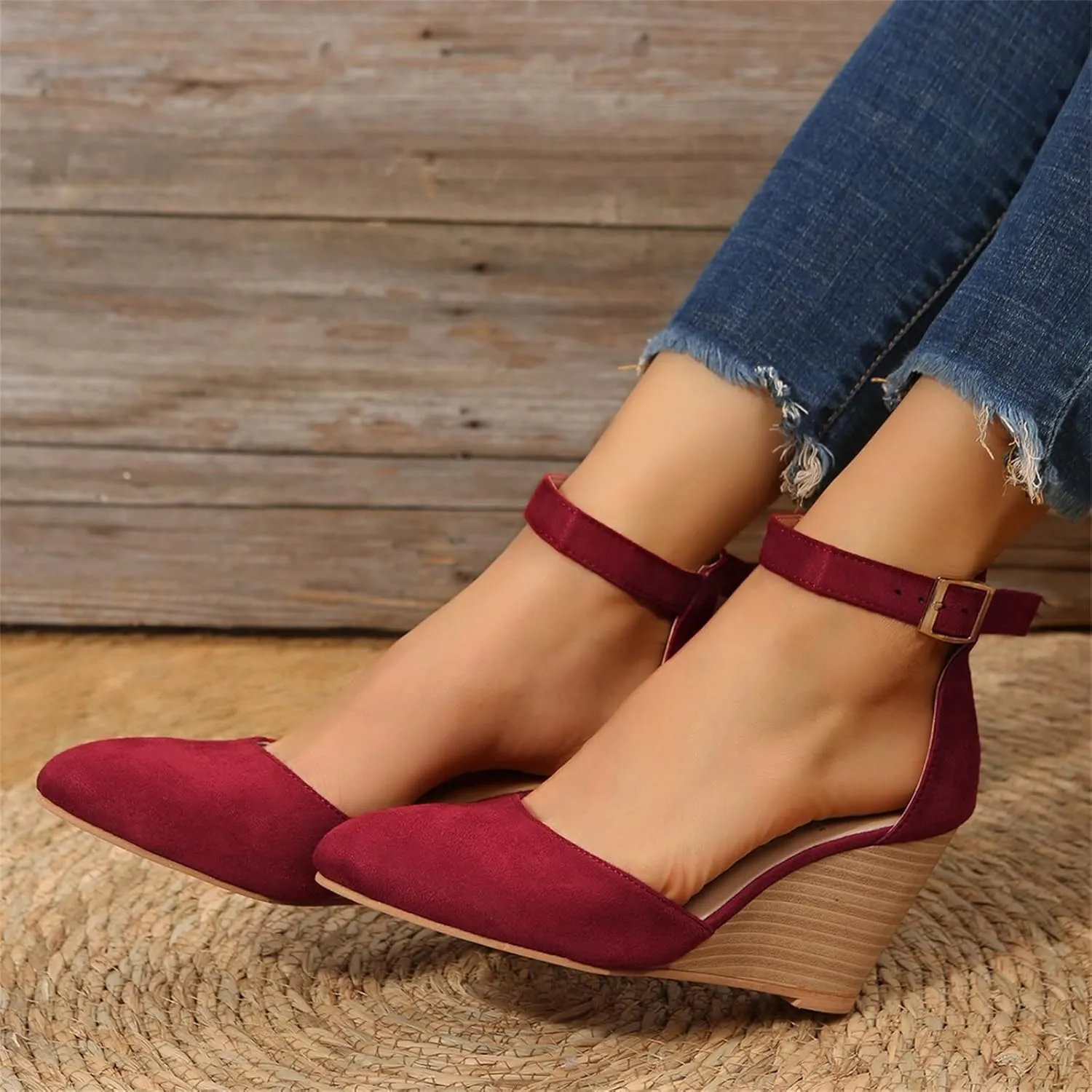 Closed Toe Wedges Heels for Women Dressy Platform Wedge Sandals Ankle Strap Heeled Espadrilles Sandals Ladies Comfortable Cork Summer Dress Shoes for Beach Wedding