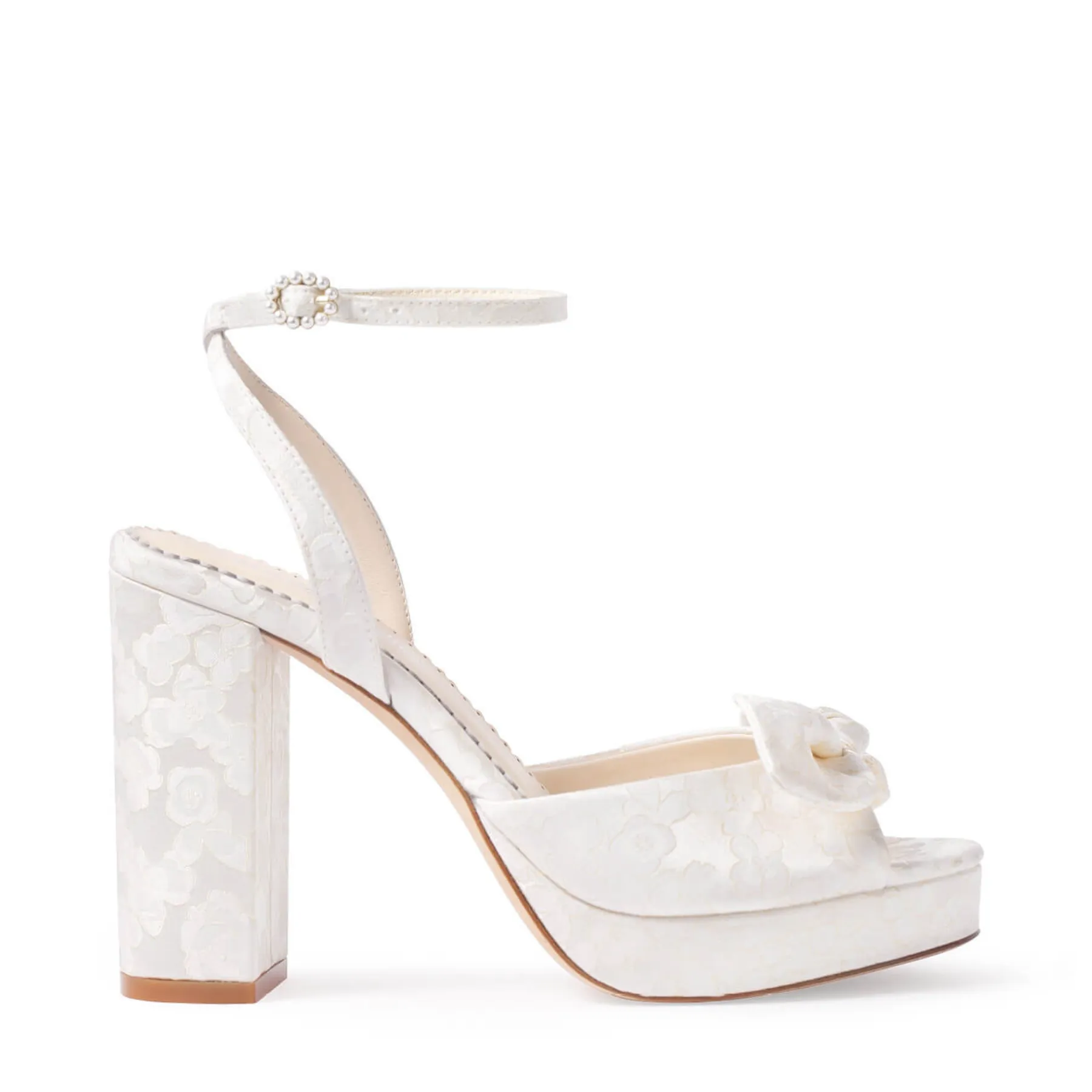 Colette - Open Toe Jacquard Platform Block Heels With Bow - Ivory
