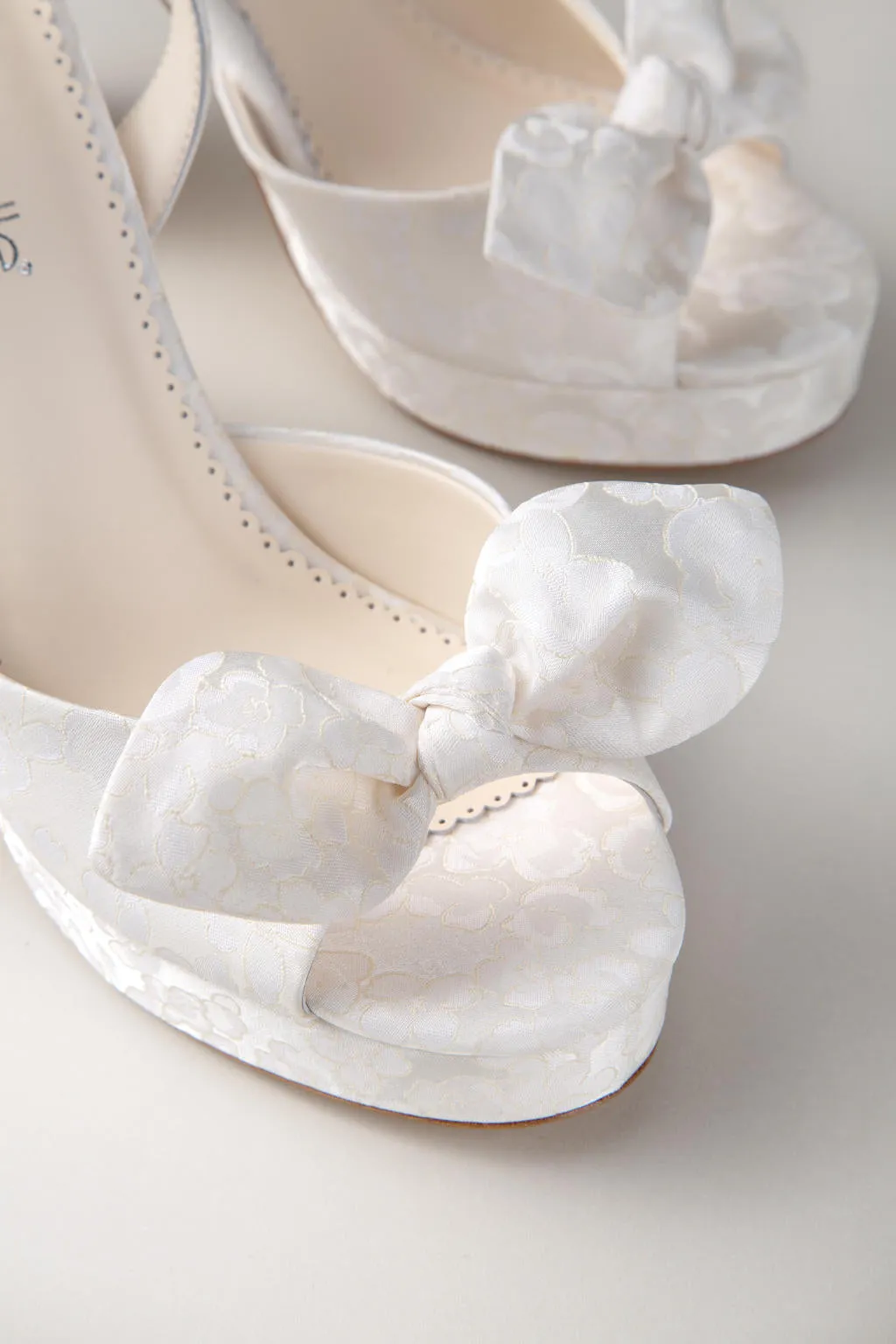Colette - Open Toe Jacquard Platform Block Heels With Bow - Ivory