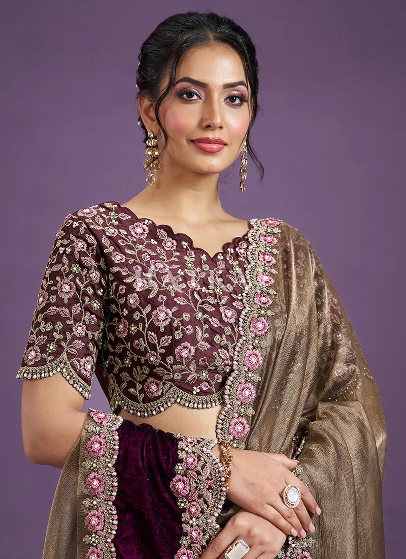 Copper Wine Embroidered Wedding Saree