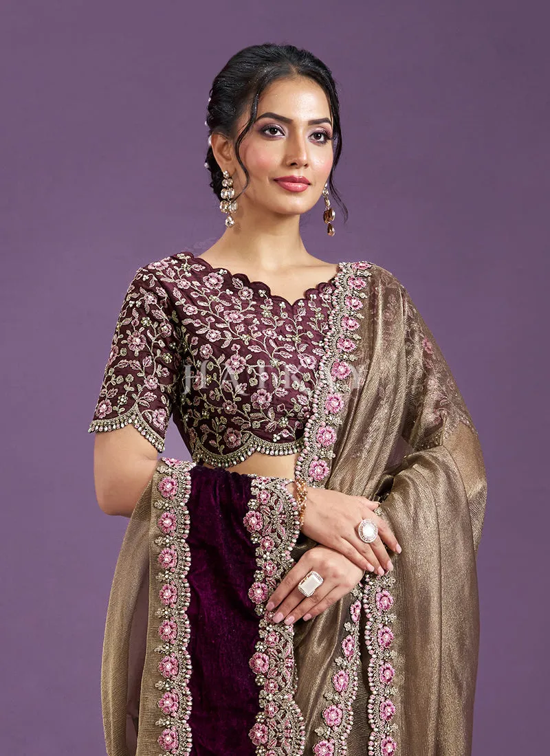 Copper Wine Embroidered Wedding Saree