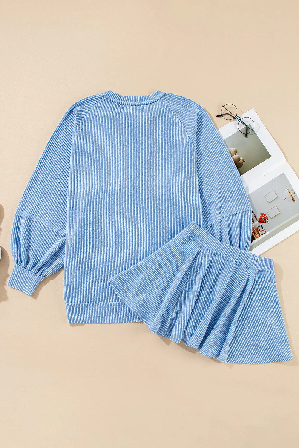 Corded Lantern Sleeve Top High Waist Ruffled Mini Skirt Set