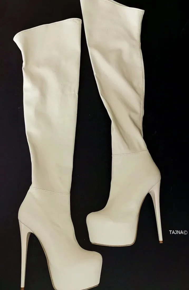 Cream Strech Thigh High Platform Boots