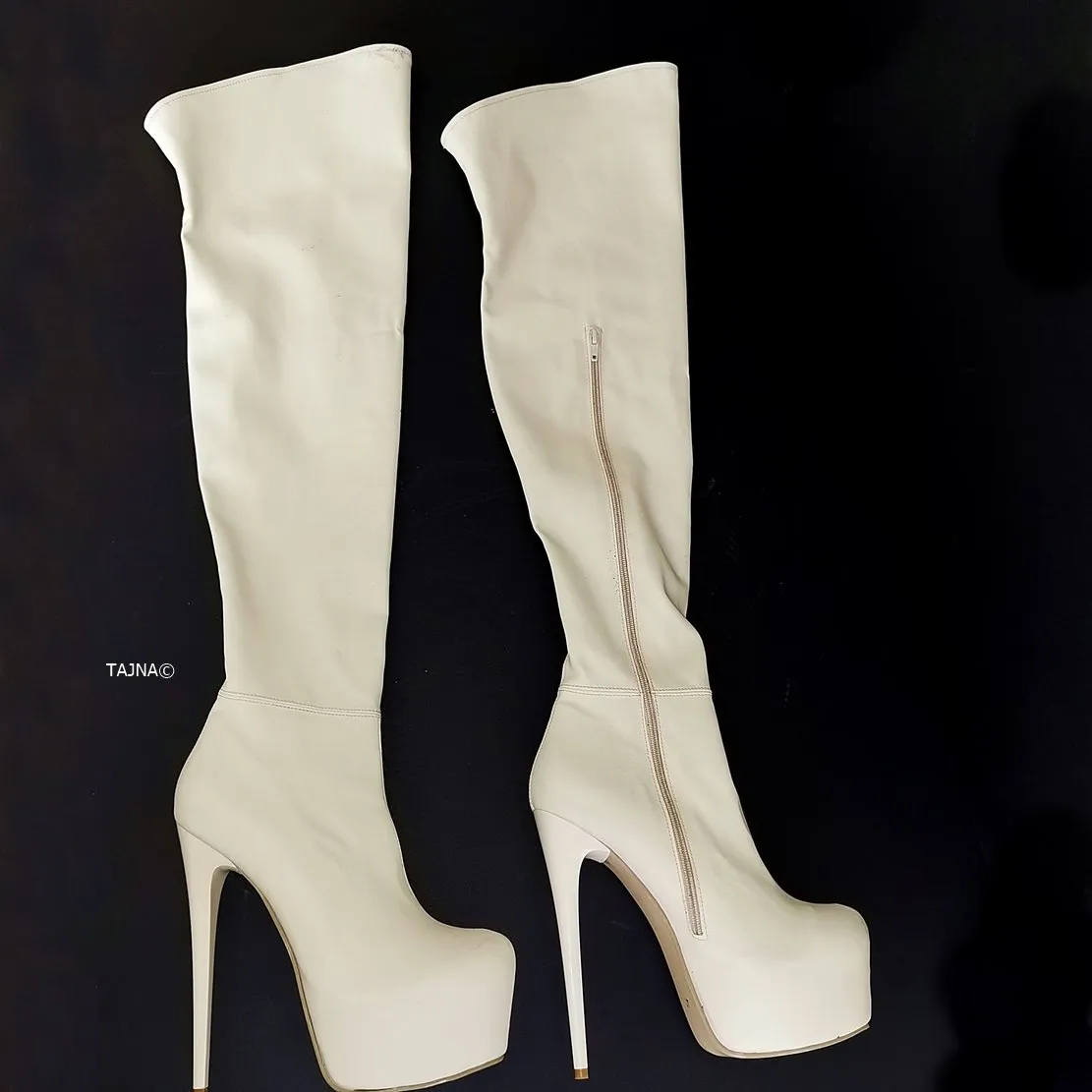 Cream Strech Thigh High Platform Boots