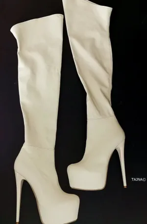 Cream Strech Thigh High Platform Boots