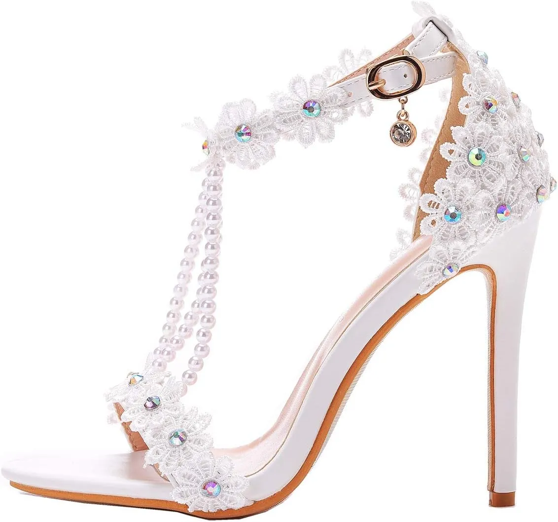 Crystal Queen White Lace Rhinestone Pearls Beaded Women Wedding Stilettos Heels Pump Shoes Party Heels PLX11YLYM