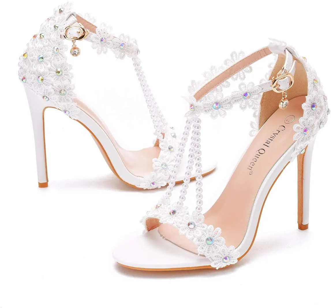 Crystal Queen White Lace Rhinestone Pearls Beaded Women Wedding Stilettos Heels Pump Shoes Party Heels PLX11YLYM