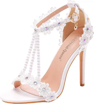 Crystal Queen White Lace Rhinestone Pearls Beaded Women Wedding Stilettos Heels Pump Shoes Party Heels PLX11YLYM
