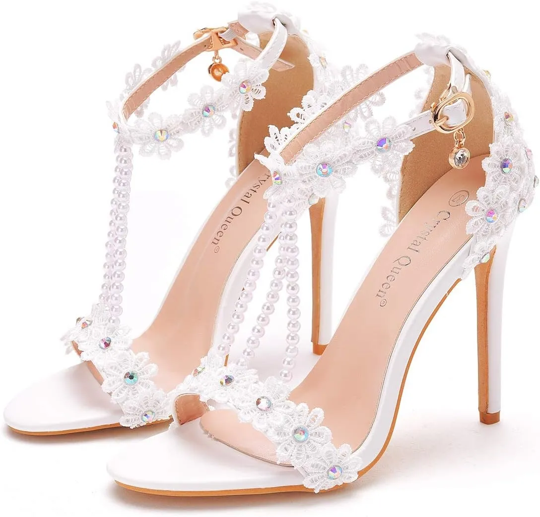 Crystal Queen White Lace Rhinestone Pearls Beaded Women Wedding Stilettos Heels Pump Shoes Party Heels PLX11YLYM