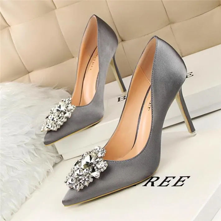 Crystal Rhinestone Pendant Pointed Toe Silk Stiletto High Heel Pumps