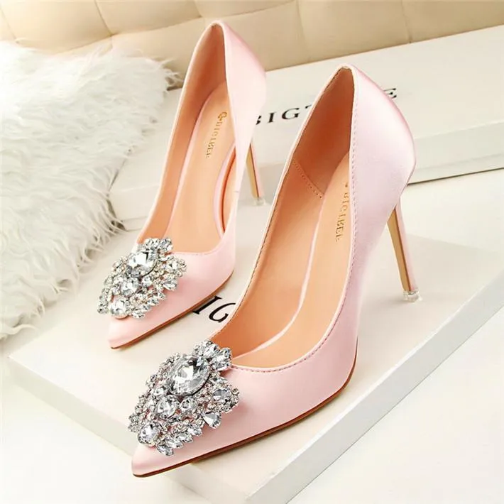 Crystal Rhinestone Pendant Pointed Toe Silk Stiletto High Heel Pumps