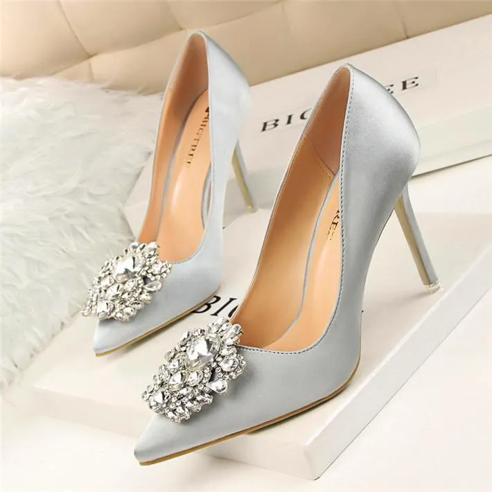 Crystal Rhinestone Pendant Pointed Toe Silk Stiletto High Heel Pumps