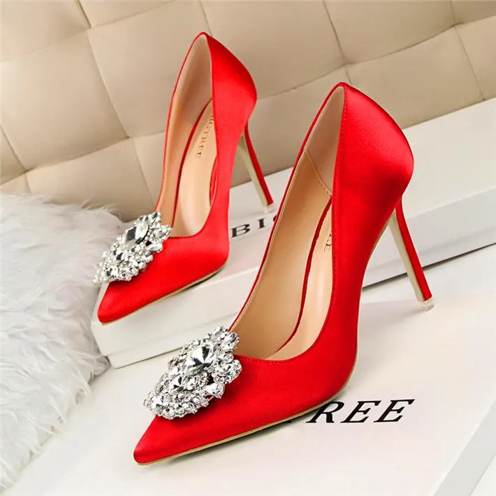Crystal Rhinestone Pendant Pointed Toe Silk Stiletto High Heel Pumps