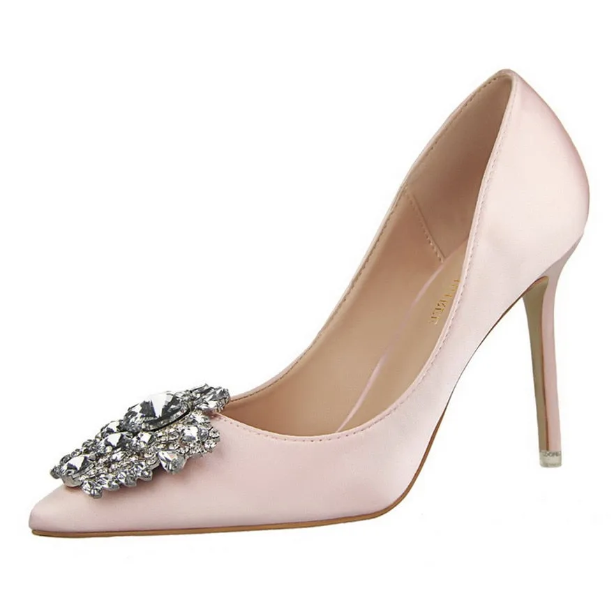 Crystal Rhinestone Pendant Pointed Toe Silk Stiletto High Heel Pumps
